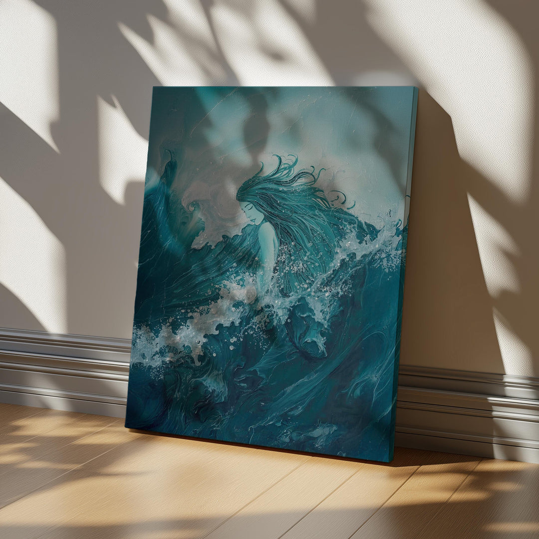 Ocean goddess wall art showing a tranquil sea deity emerging from swirling teal waves, blending fantasy, emotion, and coastal decor aesthetics