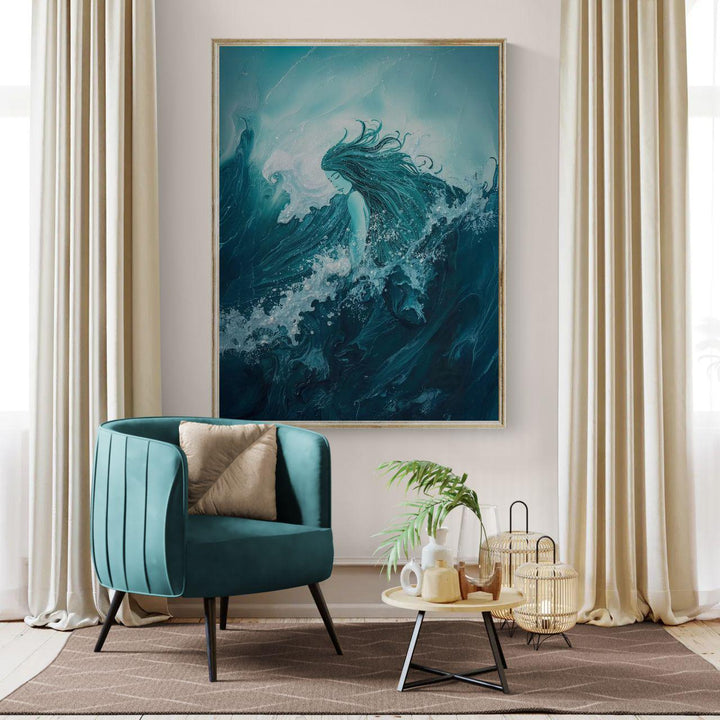 Ocean goddess wall art showing a tranquil sea deity emerging from swirling teal waves, blending fantasy, emotion, and coastal decor aesthetics