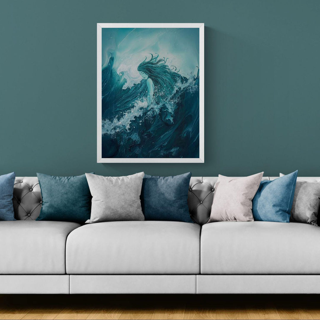 Ocean goddess wall art showing a tranquil sea deity emerging from swirling teal waves, blending fantasy, emotion, and coastal decor aesthetics