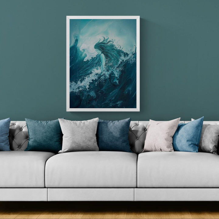 Ocean goddess wall art showing a tranquil sea deity emerging from swirling teal waves, blending fantasy, emotion, and coastal decor aesthetics