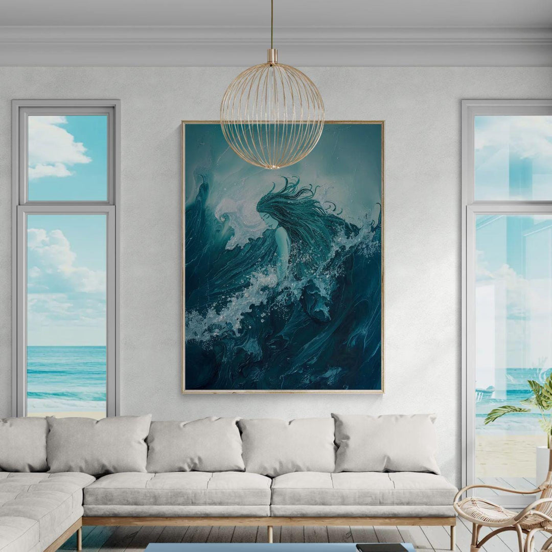 Ocean goddess wall art showing a tranquil sea deity emerging from swirling teal waves, blending fantasy, emotion, and coastal decor aesthetics