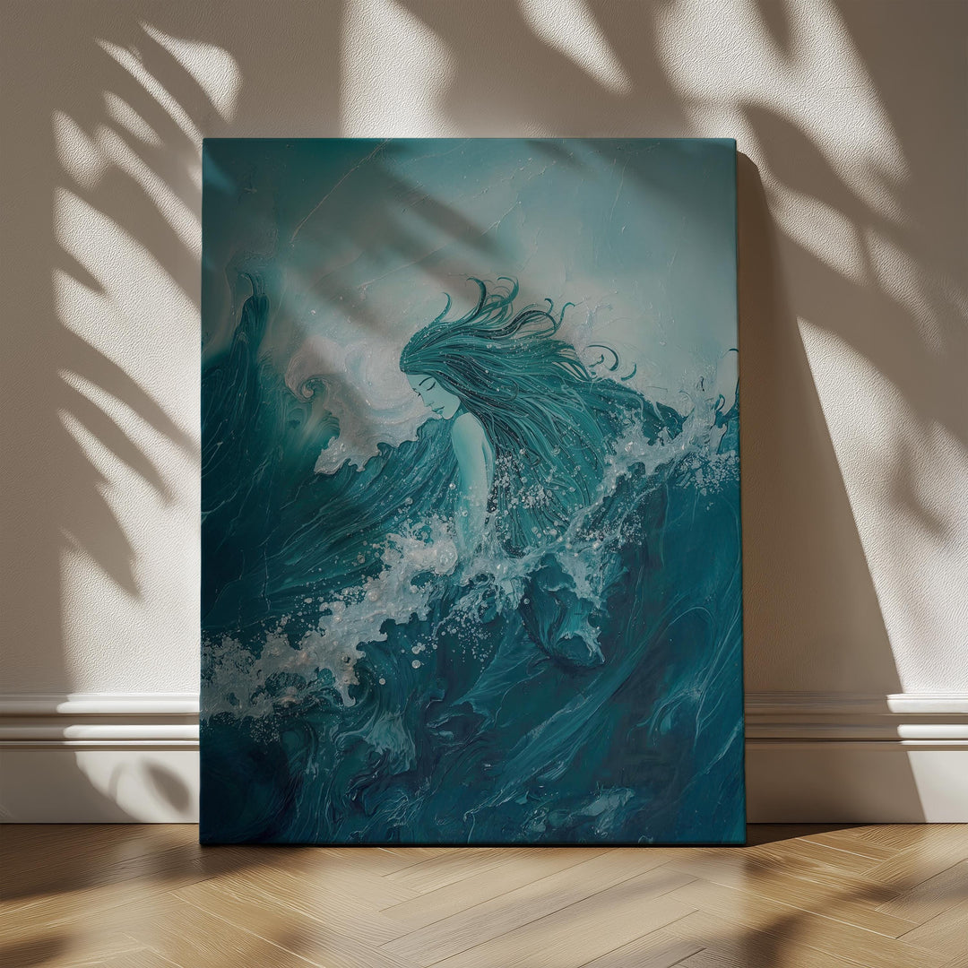 Ocean goddess wall art showing a tranquil sea deity emerging from swirling teal waves, blending fantasy, emotion, and coastal decor aesthetics