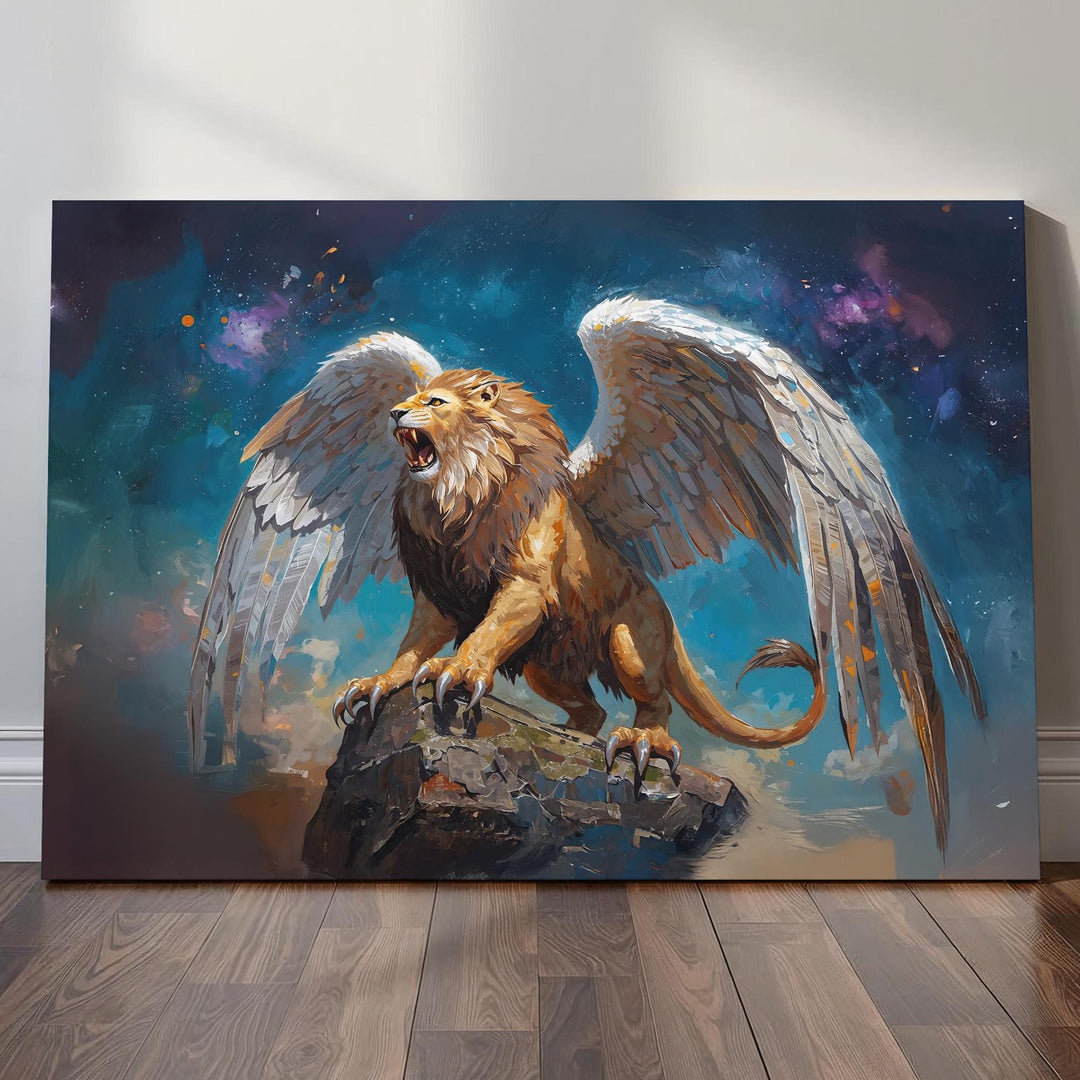 Winged lion wall art showing a roaring mythic lion with large feathered wings standing on stone beneath a dramatic fantasy sky