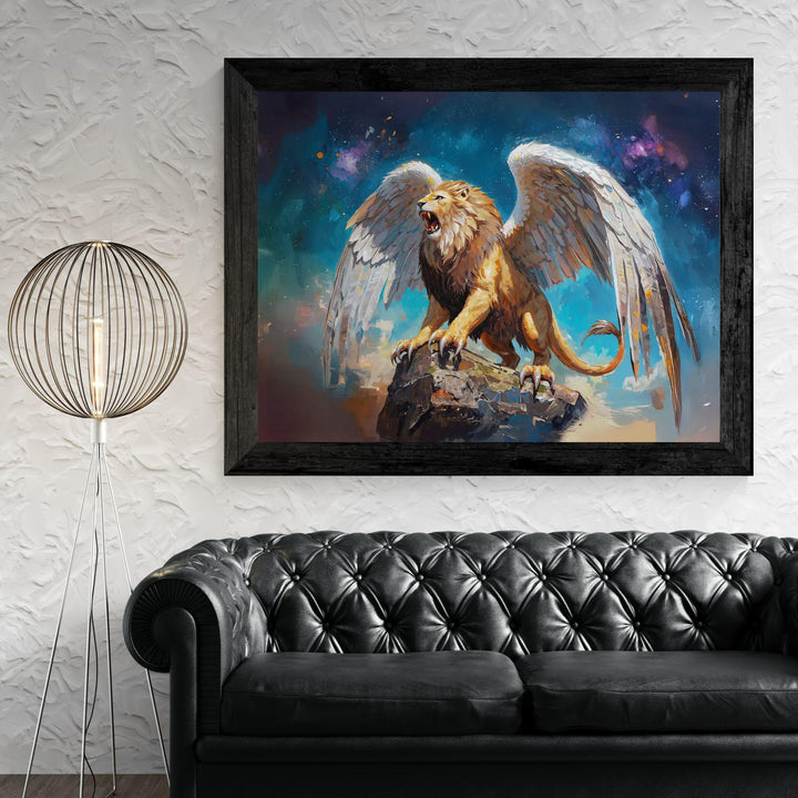 Winged lion wall art showing a roaring mythic lion with large feathered wings standing on stone beneath a dramatic fantasy sky