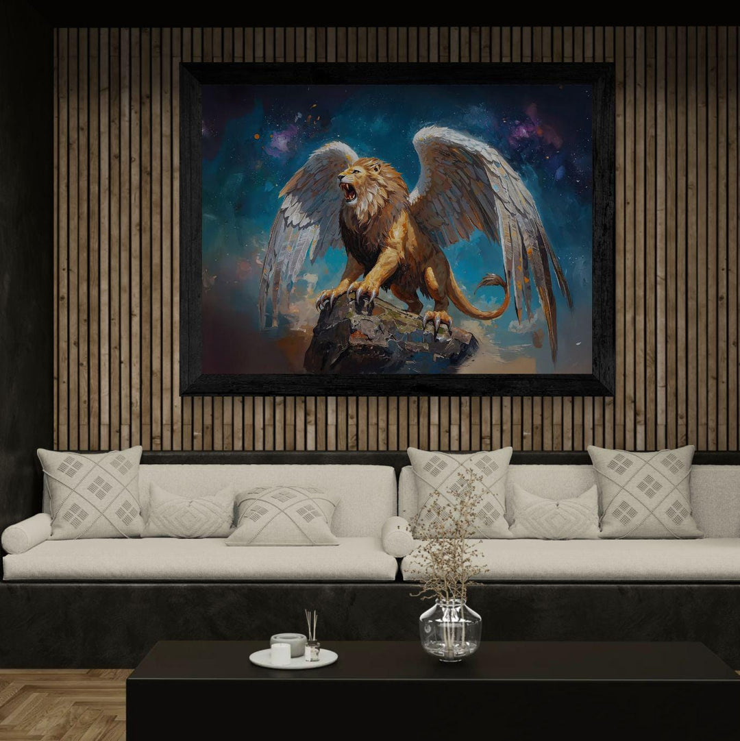 Winged lion wall art showing a roaring mythic lion with large feathered wings standing on stone beneath a dramatic fantasy sky