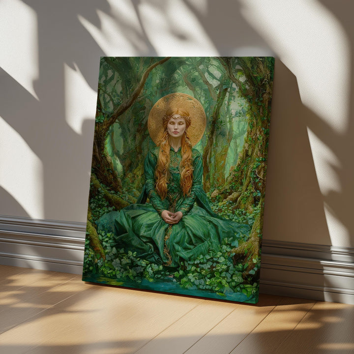 Ethereal Celtic goddess wall art showing a tranquil forest goddess in flowing green robes surrounded by enchanted woodland scenery