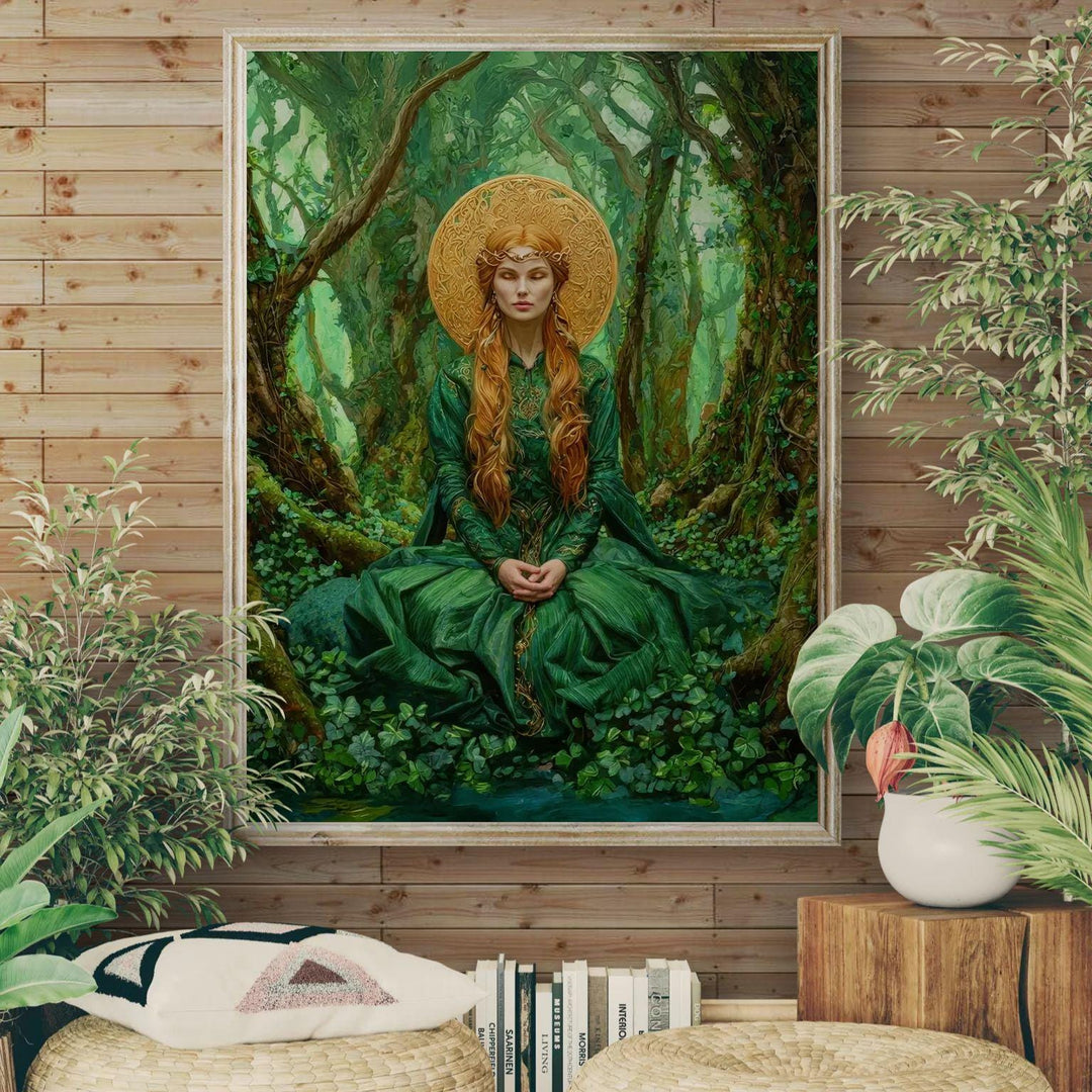 Ethereal Celtic goddess wall art showing a tranquil forest goddess in flowing green robes surrounded by enchanted woodland scenery