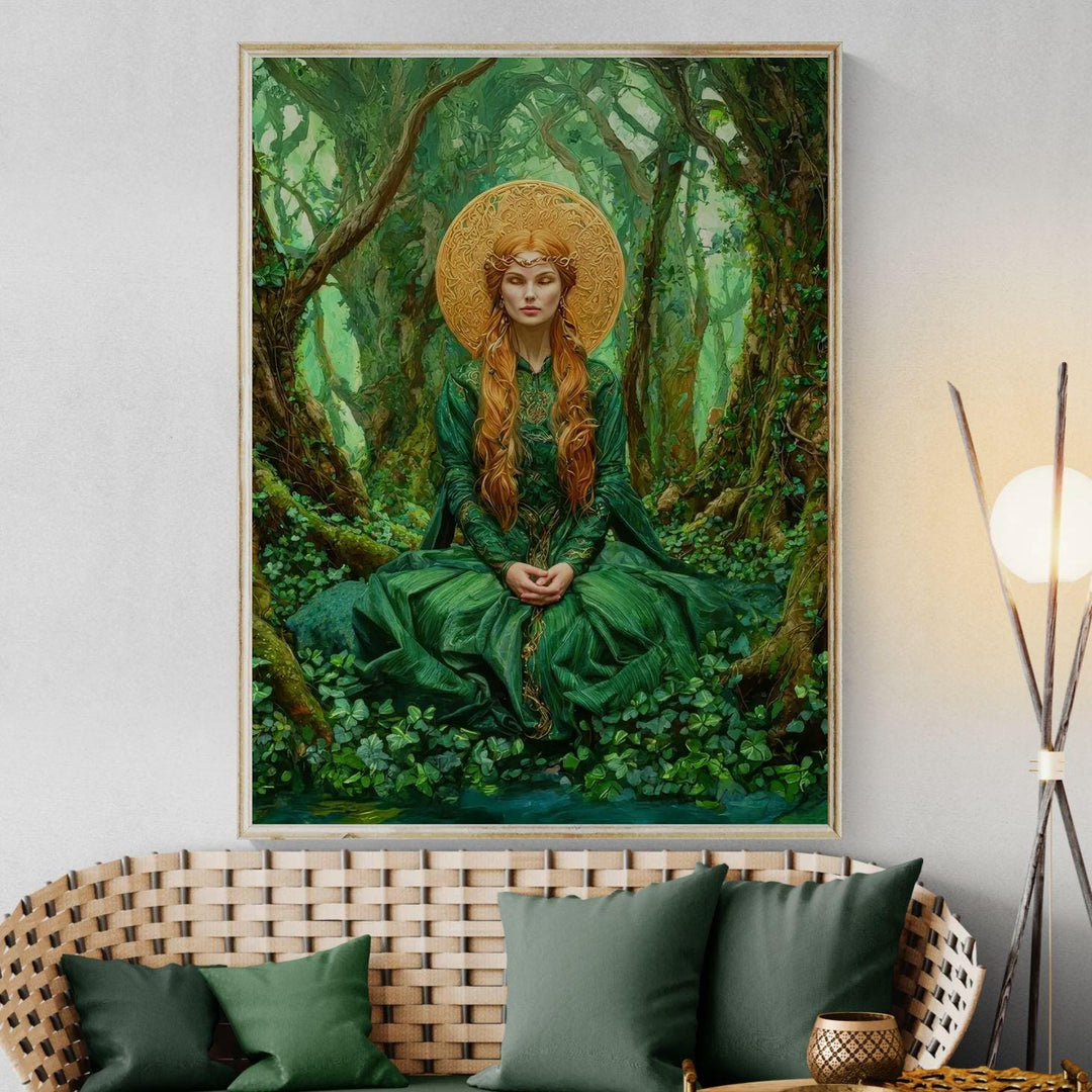 Ethereal Celtic goddess wall art showing a tranquil forest goddess in flowing green robes surrounded by enchanted woodland scenery