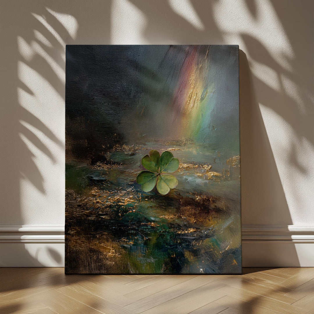 Abstract four leaf clover wall art featuring a symbolic green clover surrounded by rich texture and luminous painterly tones