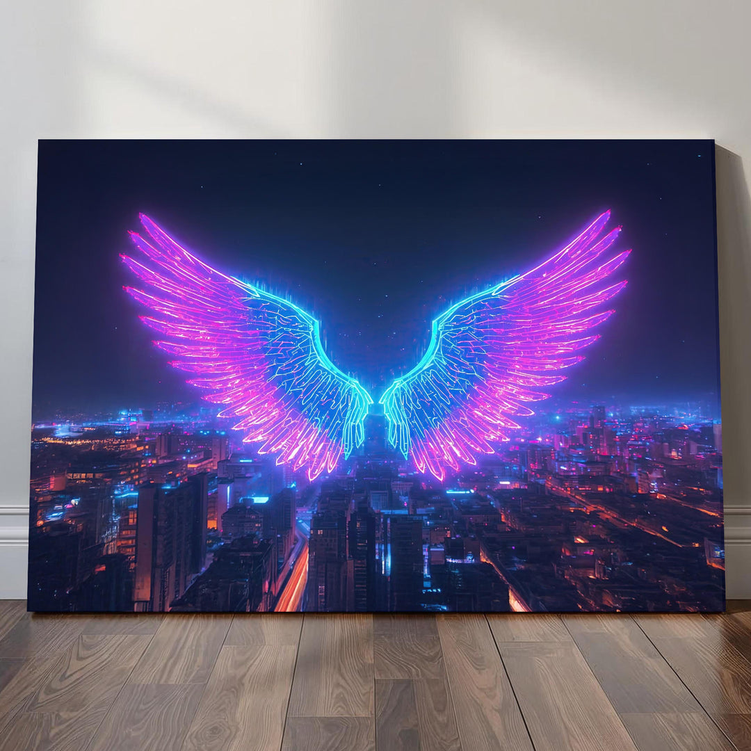 Angel wings wall art featuring luminous neon wings floating above a futuristic cityscape at night