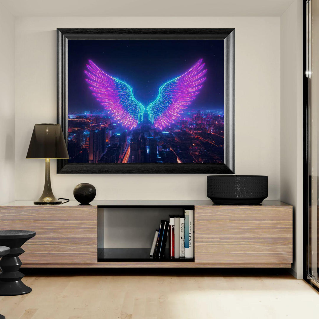 Angel wings wall art featuring luminous neon wings floating above a futuristic cityscape at night