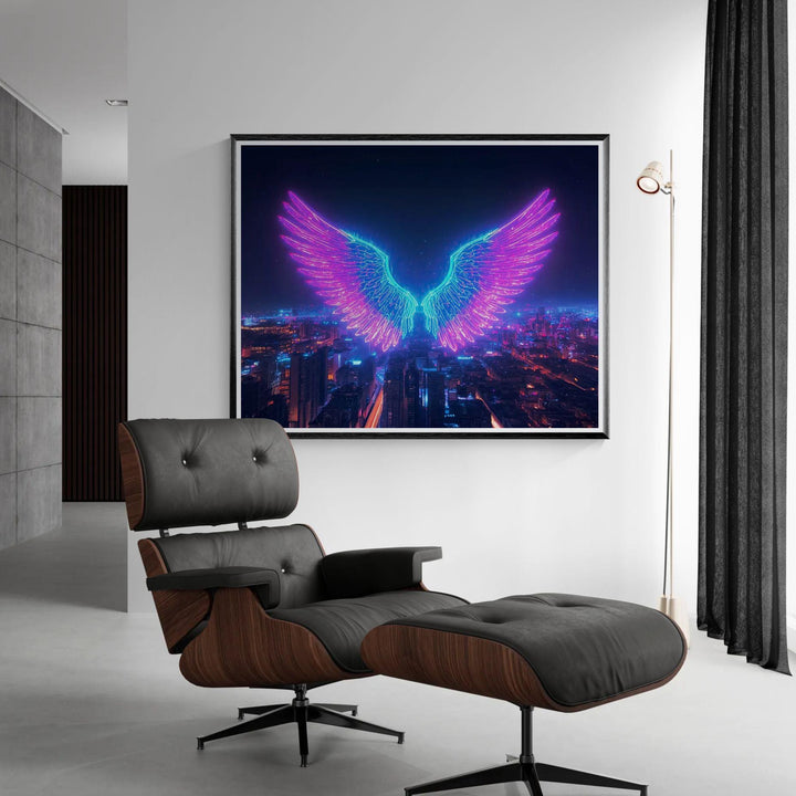 Angel wings wall art featuring luminous neon wings floating above a futuristic cityscape at night