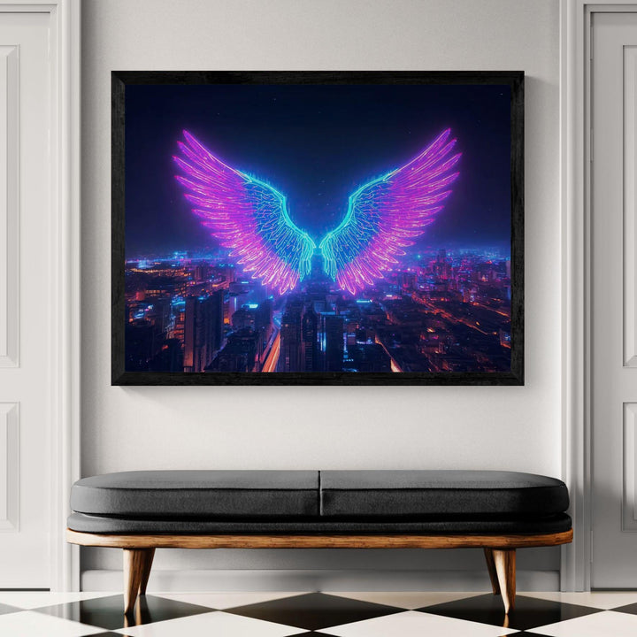 Angel wings wall art featuring luminous neon wings floating above a futuristic cityscape at night