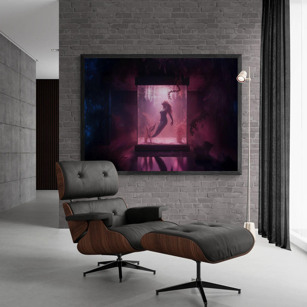 Mermaid aquarium wall art depicting a surreal fantasy scene of a mermaid suspended inside an illuminated aquarium tank with moody lighting, perfect for dark and conceptual fantasy home decor.