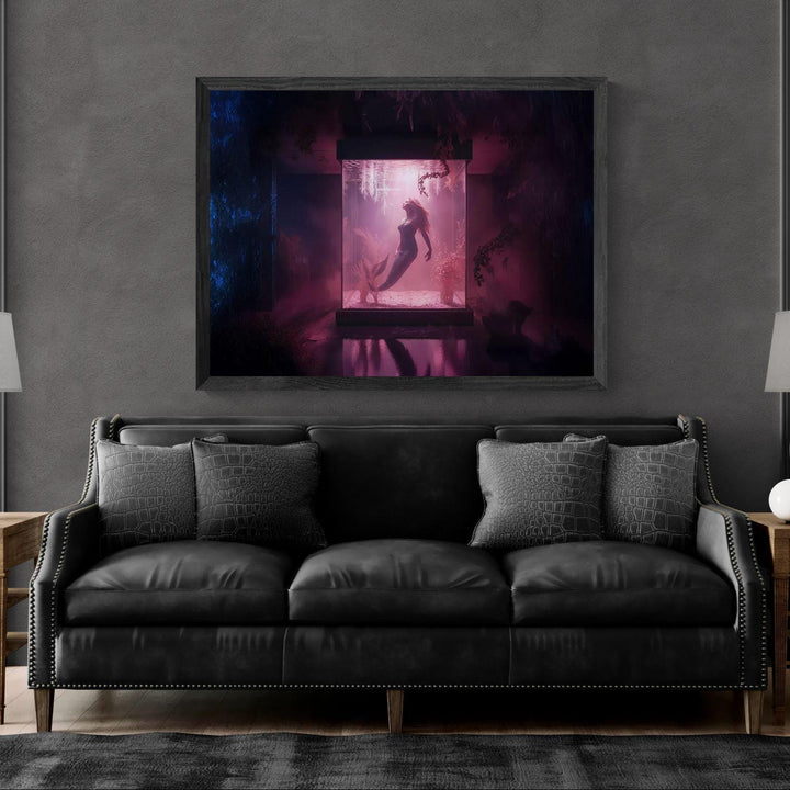 Mermaid aquarium wall art depicting a surreal fantasy scene of a mermaid suspended inside an illuminated aquarium tank with moody lighting, perfect for dark and conceptual fantasy home decor.