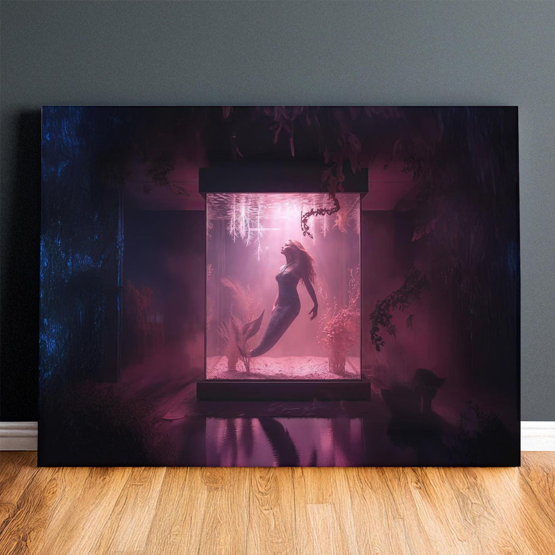 Mermaid aquarium wall art depicting a surreal fantasy scene of a mermaid suspended inside an illuminated aquarium tank with moody lighting, perfect for dark and conceptual fantasy home decor.
