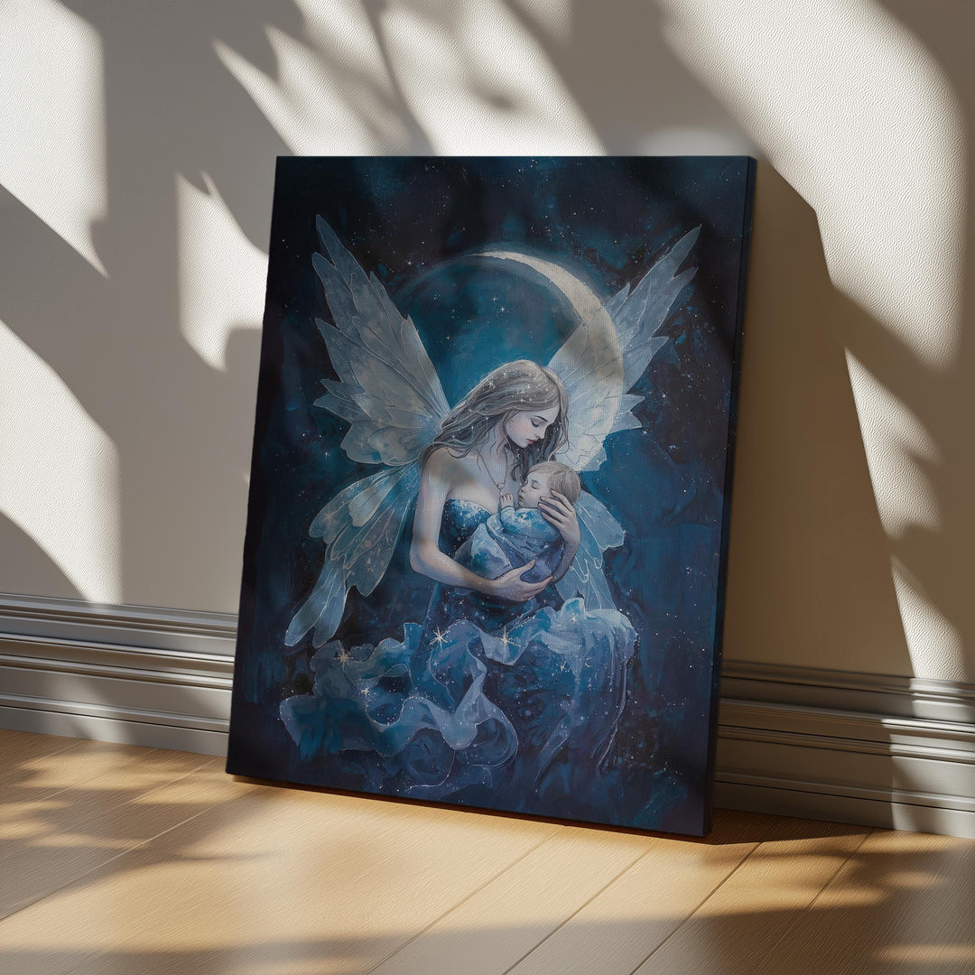 Celestial fairy mother wall art showing a winged mother holding her sleeping baby beneath a glowing moon and starry night sky, designed as peaceful nursery décor for new moms.