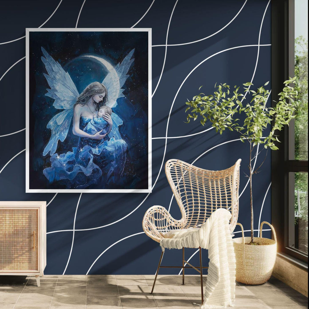 Celestial fairy mother wall art showing a winged mother holding her sleeping baby beneath a glowing moon and starry night sky, designed as peaceful nursery décor for new moms.