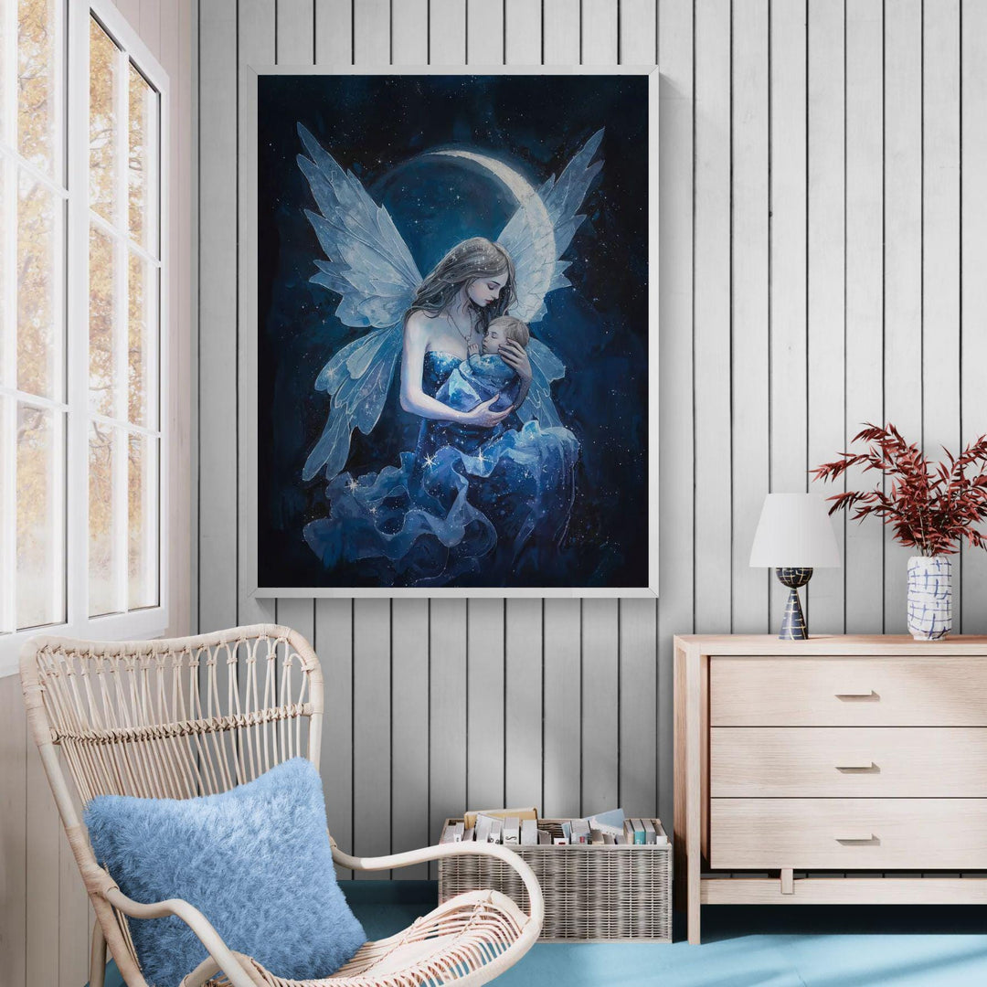 Celestial fairy mother wall art showing a winged mother holding her sleeping baby beneath a glowing moon and starry night sky, designed as peaceful nursery décor for new moms.