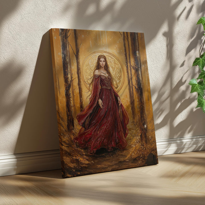 Celtic goddess fantasy wall art showing a regal queen in flowing crimson robes, surrounded by a glowing golden forest and sacred Celtic symbolism