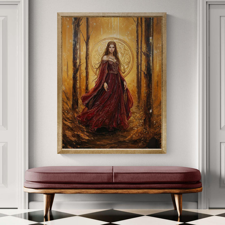 Celtic goddess fantasy wall art showing a regal queen in flowing crimson robes, surrounded by a glowing golden forest and sacred Celtic symbolism