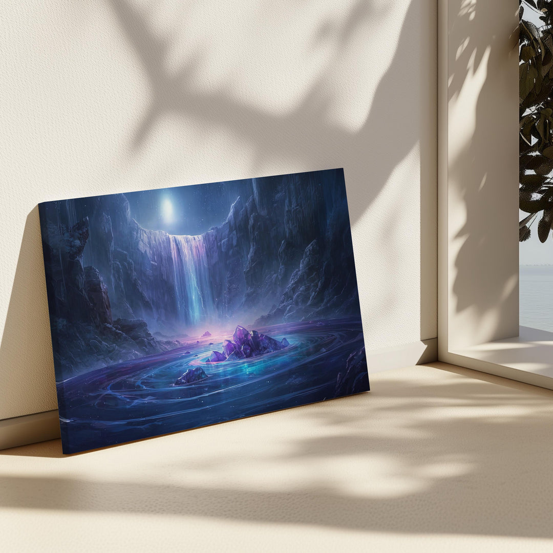 Crystal waterfall fantasy wall art featuring a moonlit cavern, cascading glowing water, luminous purple crystals, and a serene magical atmosphere perfect for fantasy home decor
