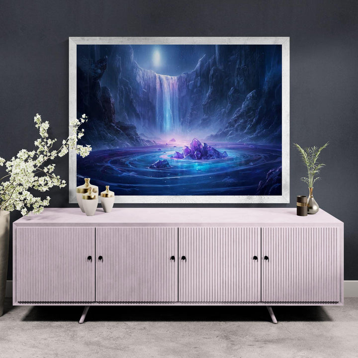 Crystal waterfall fantasy wall art featuring a moonlit cavern, cascading glowing water, luminous purple crystals, and a serene magical atmosphere perfect for fantasy home decor