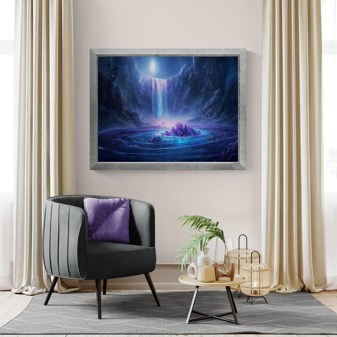 Crystal waterfall fantasy wall art featuring a moonlit cavern, cascading glowing water, luminous purple crystals, and a serene magical atmosphere perfect for fantasy home decor