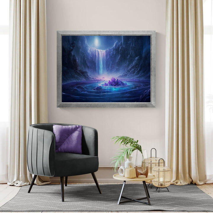 Crystal waterfall fantasy wall art featuring a moonlit cavern, cascading glowing water, luminous purple crystals, and a serene magical atmosphere perfect for fantasy home decor