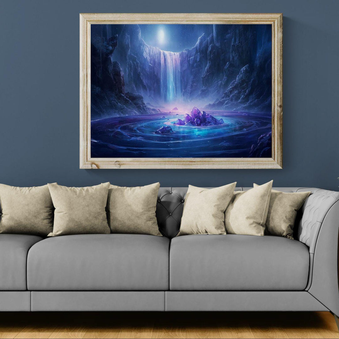 Crystal waterfall fantasy wall art featuring a moonlit cavern, cascading glowing water, luminous purple crystals, and a serene magical atmosphere perfect for fantasy home decor