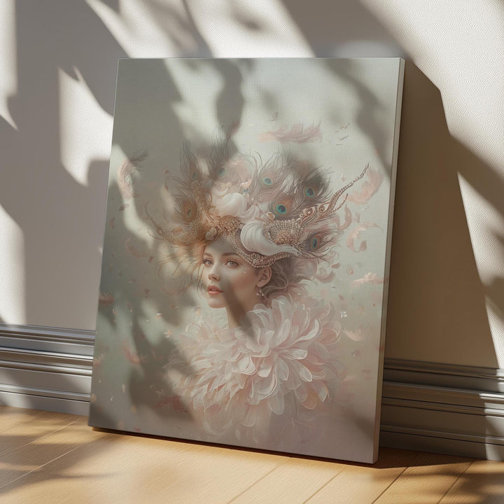 Ethereal fantasy portrait wall art featuring a graceful peacock queen adorned with a feathered crown, soft pastel colors, and a whimsical, celestial atmosphere perfect for elegant fantasy decor.