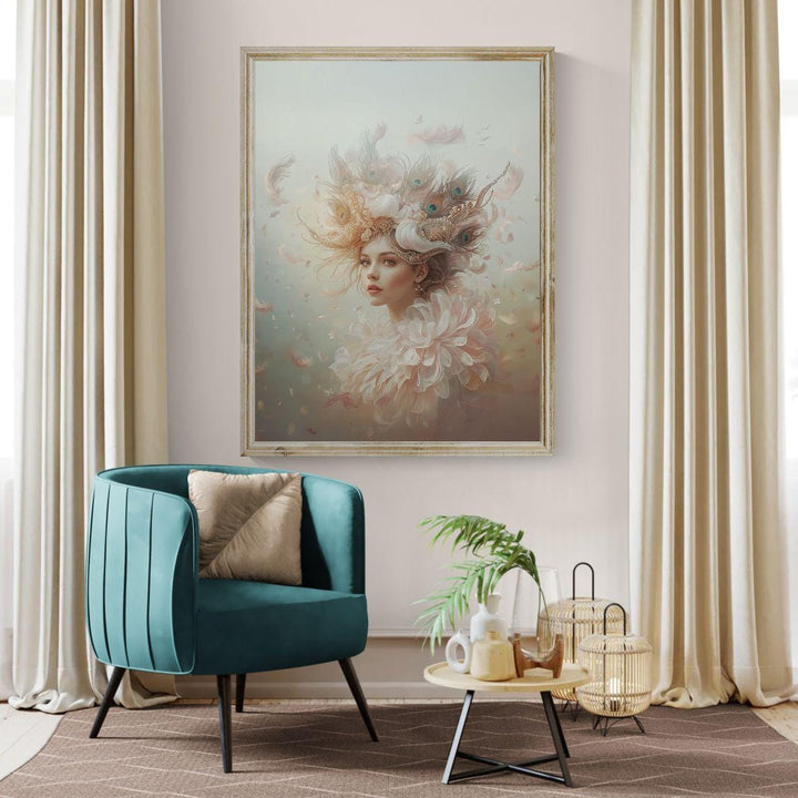 Ethereal fantasy portrait wall art featuring a graceful peacock queen adorned with a feathered crown, soft pastel colors, and a whimsical, celestial atmosphere perfect for elegant fantasy decor.