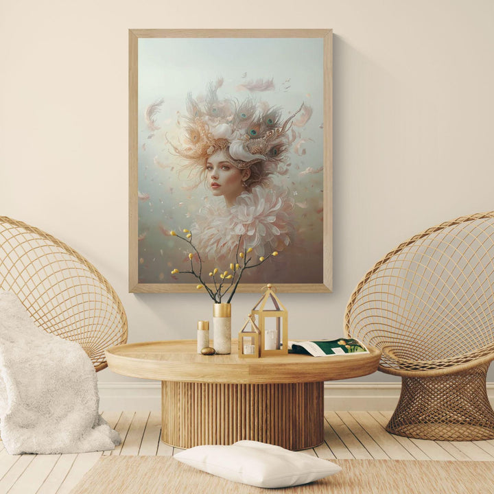 Ethereal fantasy portrait wall art featuring a graceful peacock queen adorned with a feathered crown, soft pastel colors, and a whimsical, celestial atmosphere perfect for elegant fantasy decor.