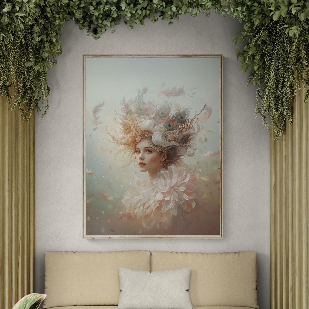 Ethereal fantasy portrait wall art featuring a graceful peacock queen adorned with a feathered crown, soft pastel colors, and a whimsical, celestial atmosphere perfect for elegant fantasy decor.