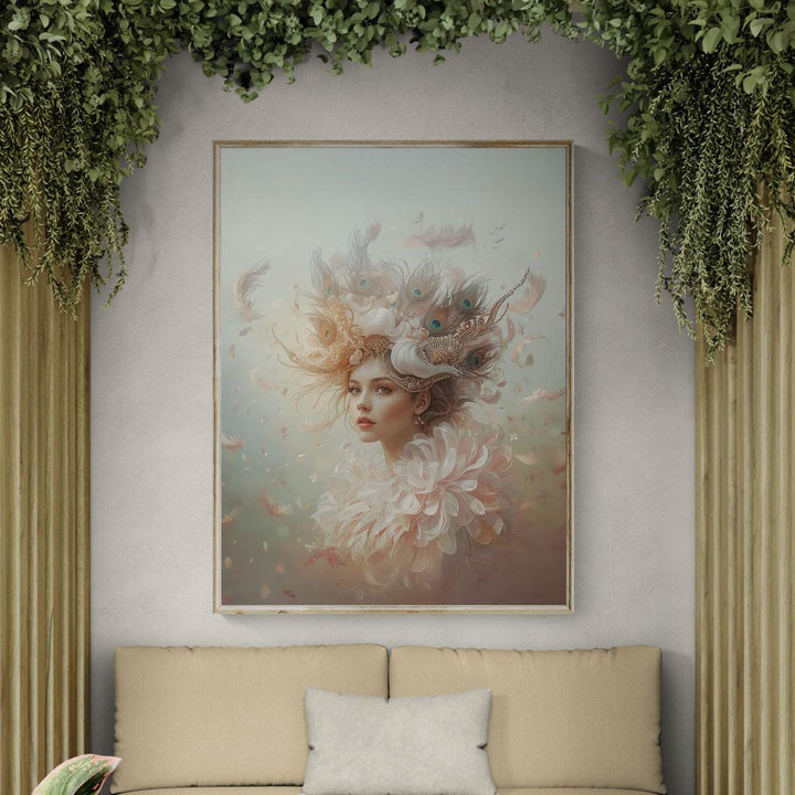 Ethereal fantasy portrait wall art featuring a graceful peacock queen adorned with a feathered crown, soft pastel colors, and a whimsical, celestial atmosphere perfect for elegant fantasy decor.