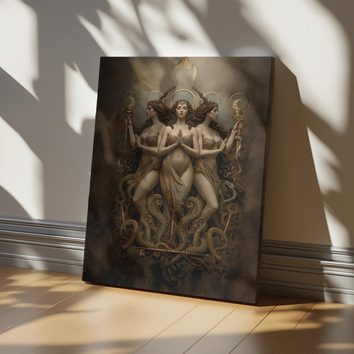 Hecate wall art depicting the triple goddess with lunar crowns, sacred keys, and intertwined serpents in a dark fantasy celestial composition for witchy home decor