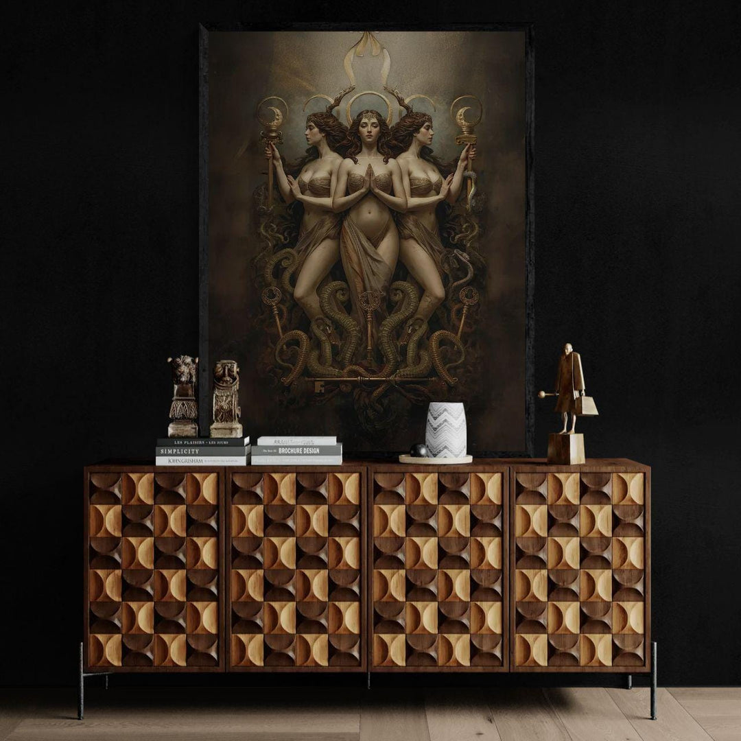 Hecate wall art depicting the triple goddess with lunar crowns, sacred keys, and intertwined serpents in a dark fantasy celestial composition for witchy home decor