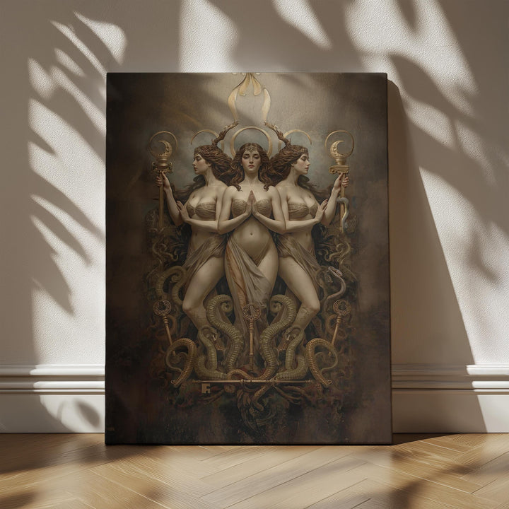 Hecate wall art depicting the triple goddess with lunar crowns, sacred keys, and intertwined serpents in a dark fantasy celestial composition for witchy home decor