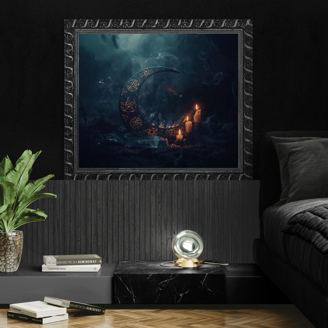 Occult moon wall art depicting a crescent moon etched with arcane symbols, surrounded by candles and smoke in a dark fantasy ritual setting