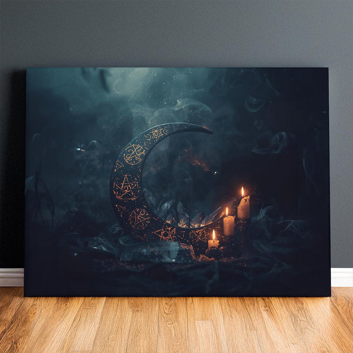 Occult moon wall art depicting a crescent moon etched with arcane symbols, surrounded by candles and smoke in a dark fantasy ritual setting