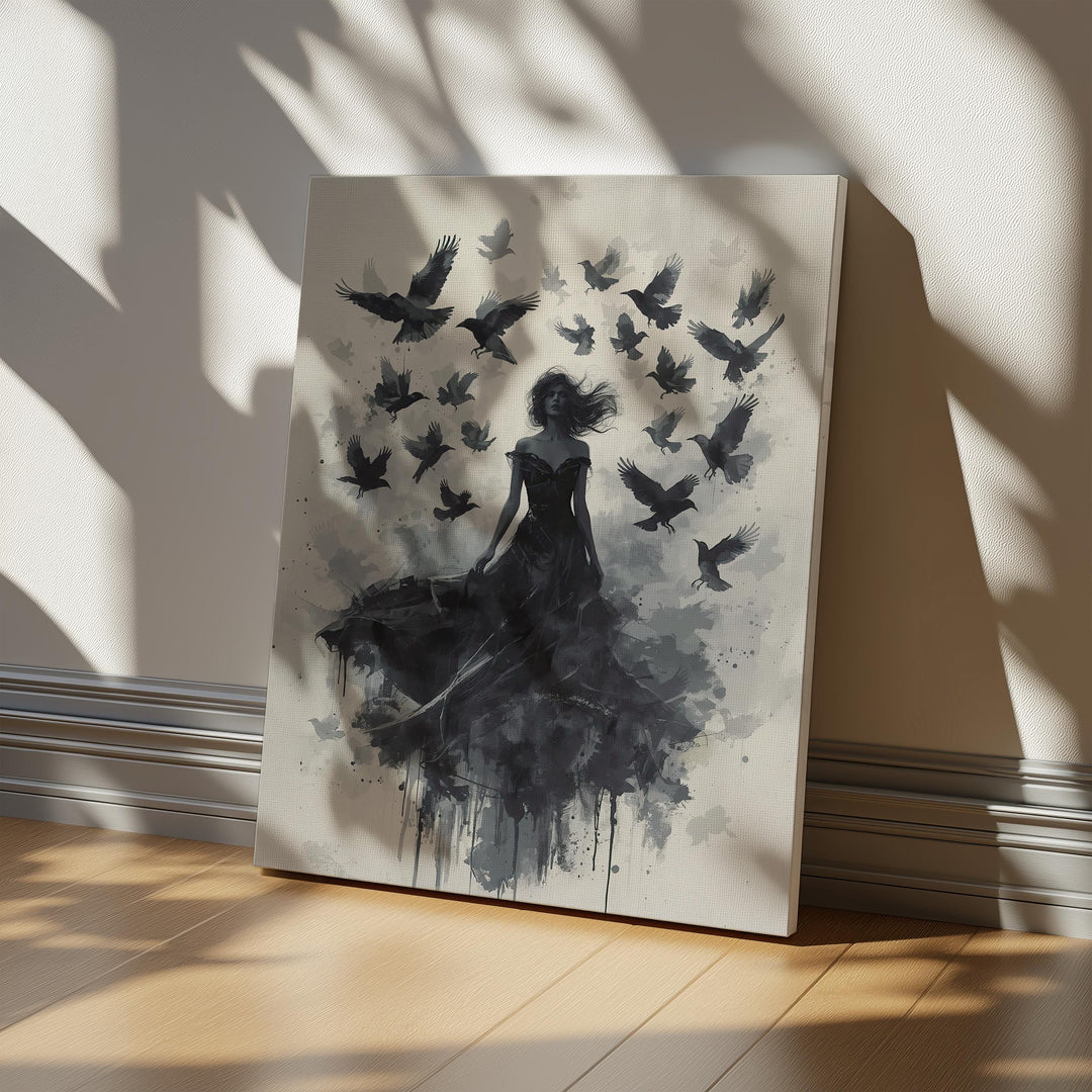 Gothic raven queen wall art featuring a dark feminine figure in flowing black gown surrounded by flying crows in a moody dark fantasy atmosphere