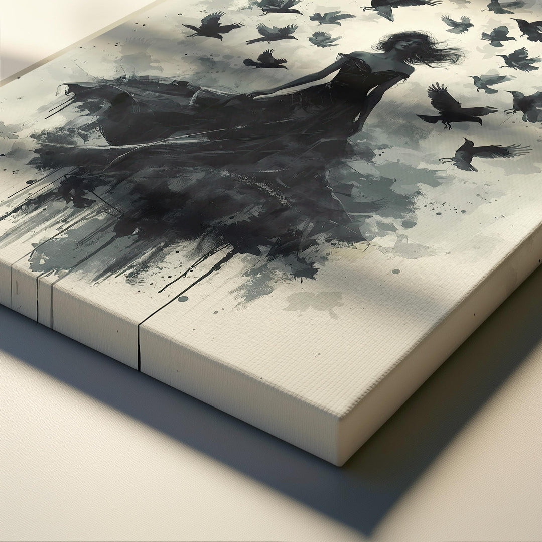Gothic raven queen wall art featuring a dark feminine figure in flowing black gown surrounded by flying crows in a moody dark fantasy atmosphere