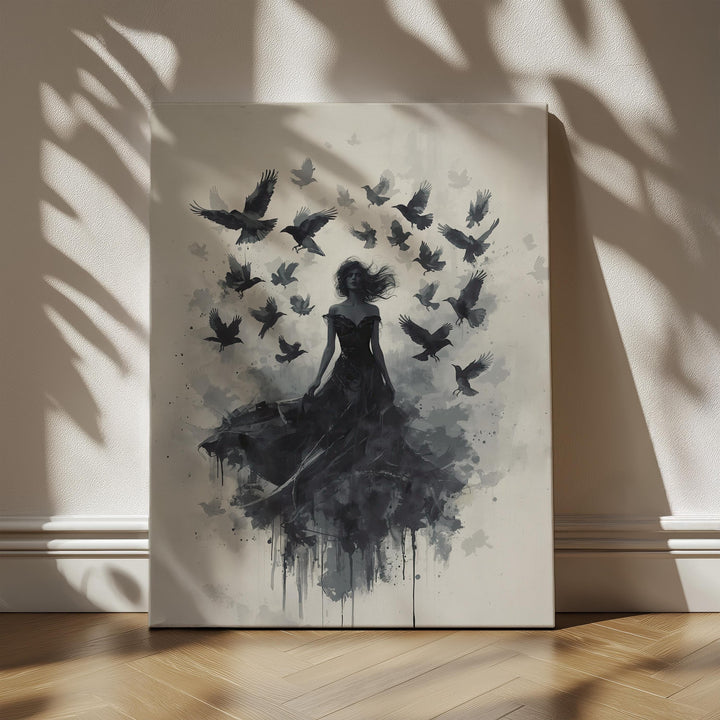 Gothic raven queen wall art featuring a dark feminine figure in flowing black gown surrounded by flying crows in a moody dark fantasy atmosphere
