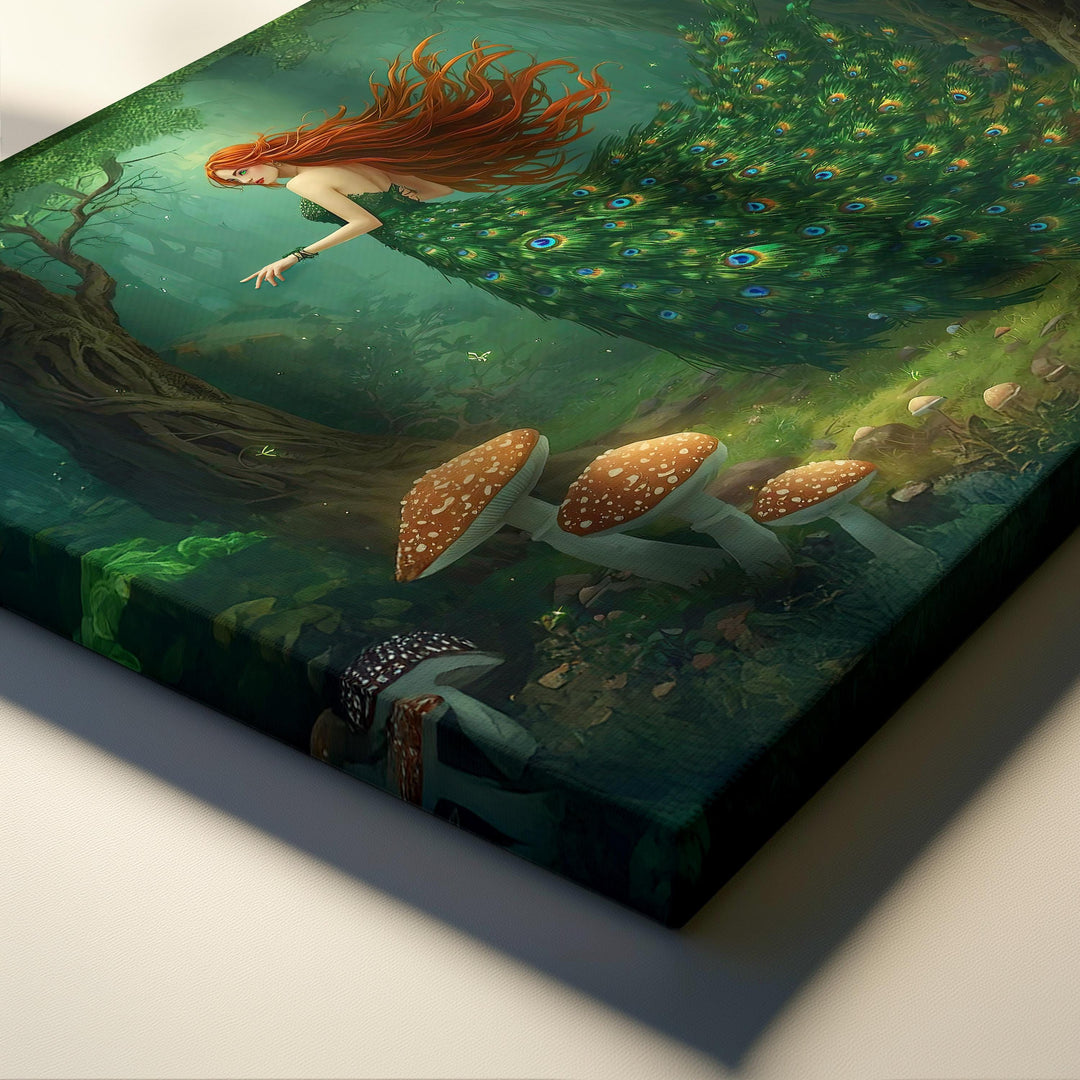 Peacock goddess wall art depicting a mythical forest woman in an enchanted forest, wearing a flowing emerald peacock feather gown with glowing woodland details