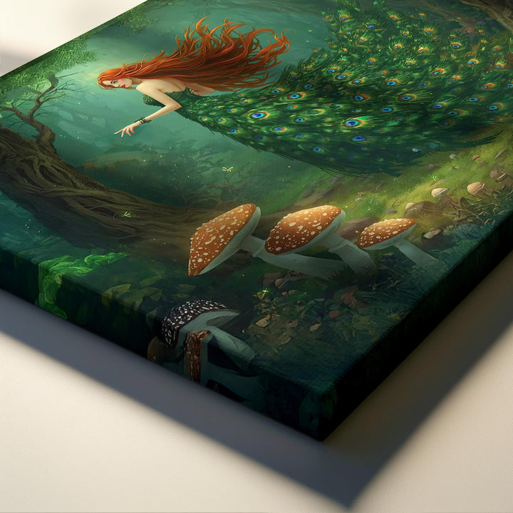 Peacock goddess wall art depicting a mythical forest woman in an enchanted forest, wearing a flowing emerald peacock feather gown with glowing woodland details