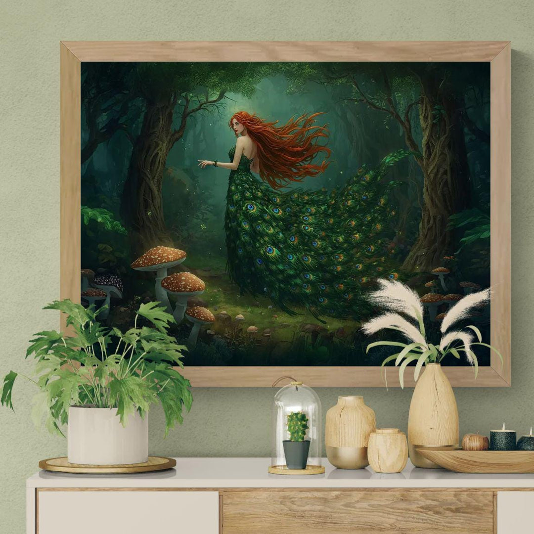 Peacock goddess wall art depicting a mythical forest woman in an enchanted forest, wearing a flowing emerald peacock feather gown with glowing woodland details