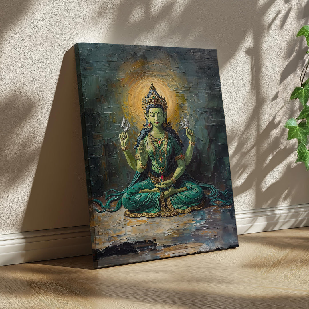 Hindu Tara goddess wall art showing green goddess seated in meditation with glowing halo and sacred spiritual symbolism