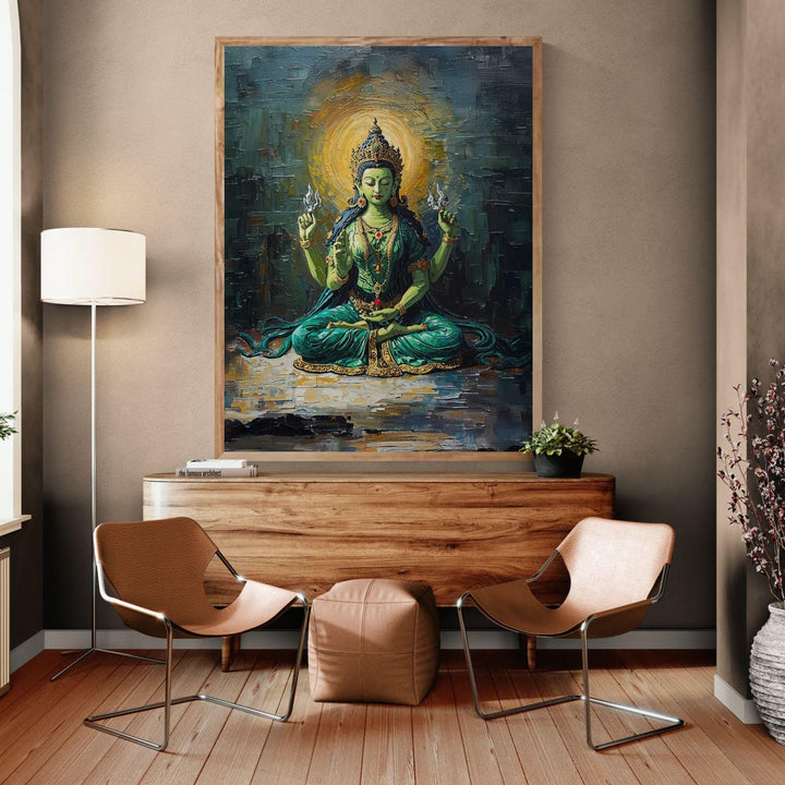Hindu Tara goddess wall art showing green goddess seated in meditation with glowing halo and sacred spiritual symbolism