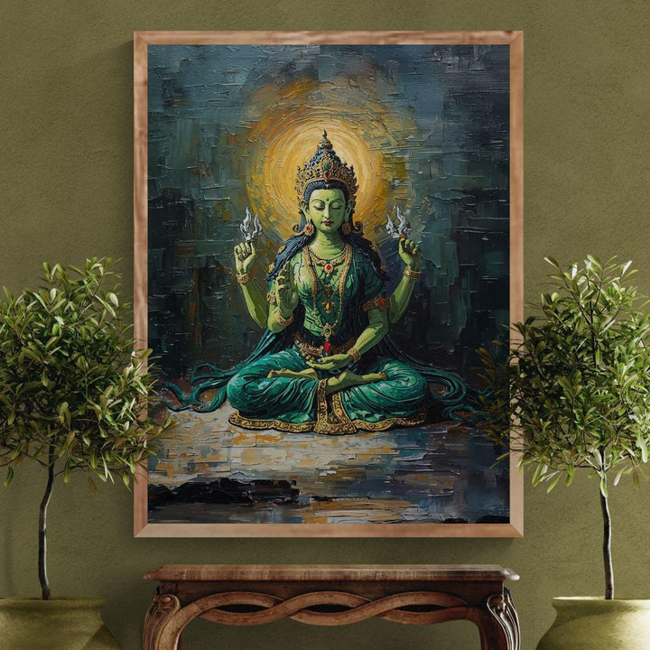 Hindu Tara goddess wall art showing green goddess seated in meditation with glowing halo and sacred spiritual symbolism