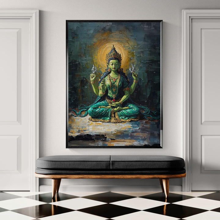 Hindu Tara goddess wall art showing green goddess seated in meditation with glowing halo and sacred spiritual symbolism